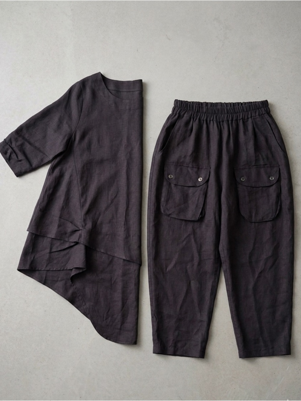 Catharina Blue Asymmetrical Linen Tunic Lagenlook Pants Set Navy blue